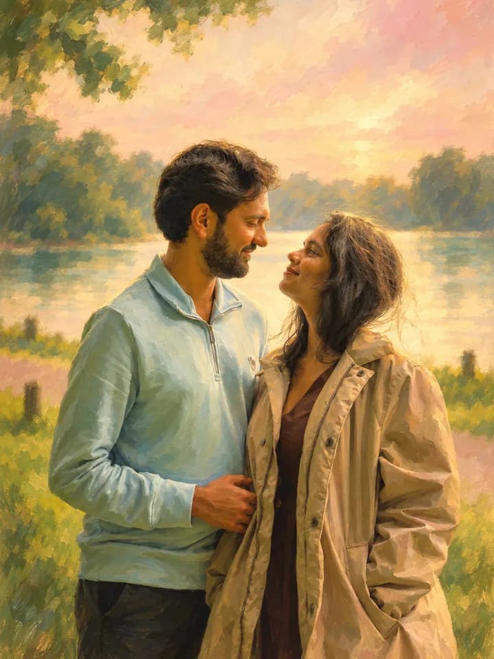 Trisha and Preet by a lake, smiling at each other
