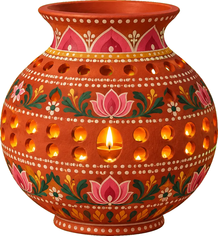 A terracotta garbo lamp glowing from within